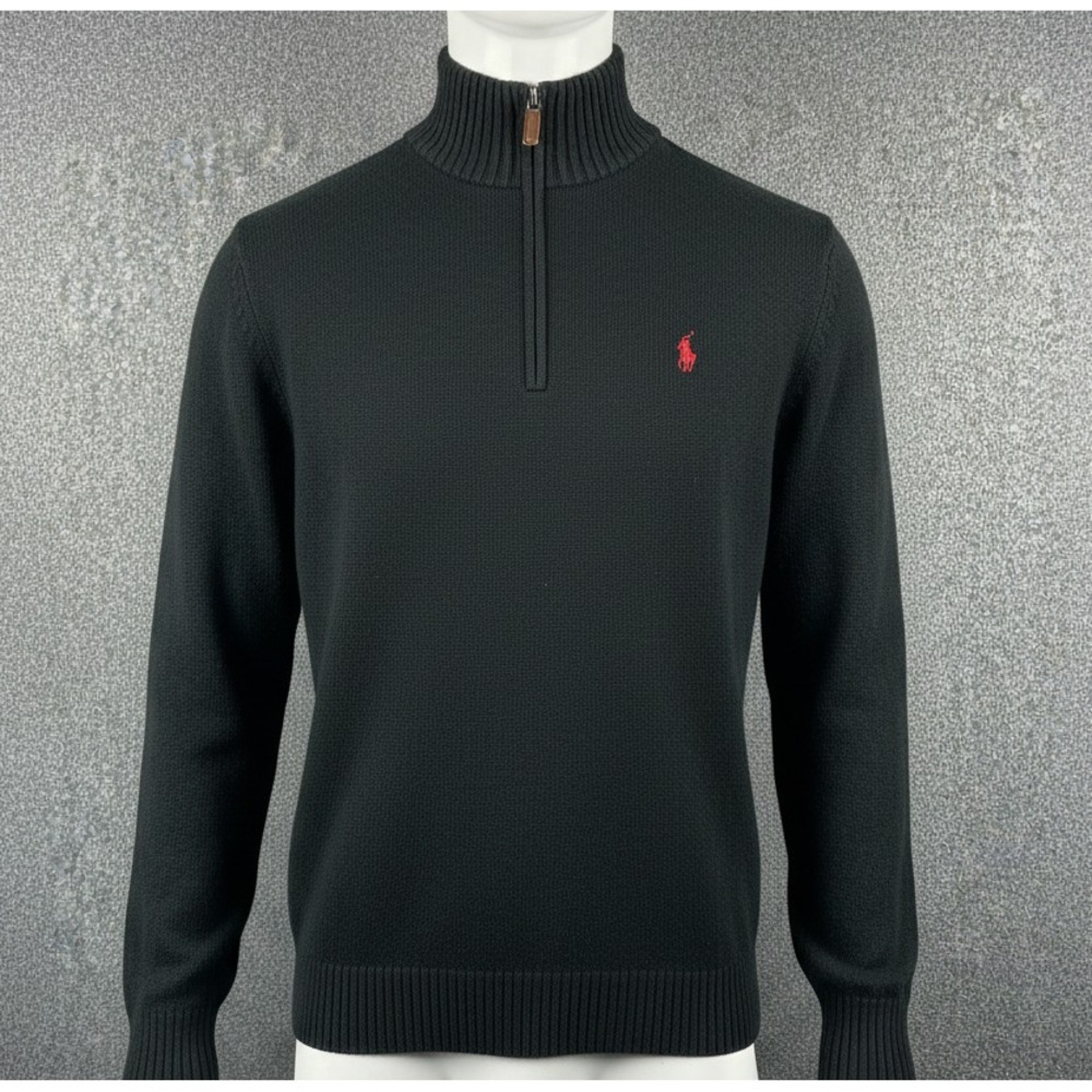 Polo Ralph Lauren Sweater Mens XL Classic Black Quarter Zip‎ Pullover Red Pony
